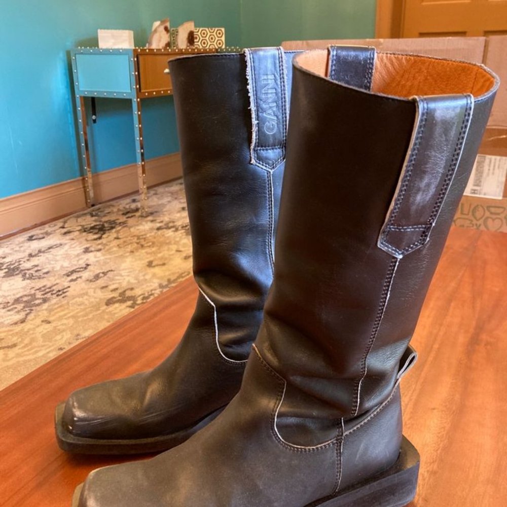 Ganni MC Logo-Print Leather Knee Boots